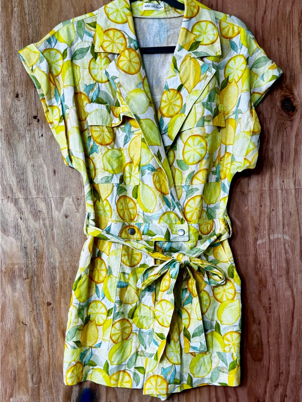 Avec Les Filles Lemon Print Linen Blend Utility Romper Size 4 Belted